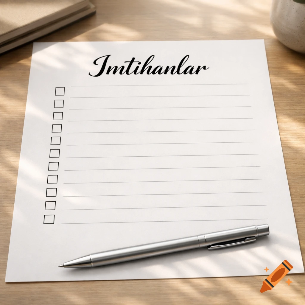 A checklist titled 'Imtihanlar' (Exams) with empty boxes and ruled lines, with a silver pen on a wooden desk.
