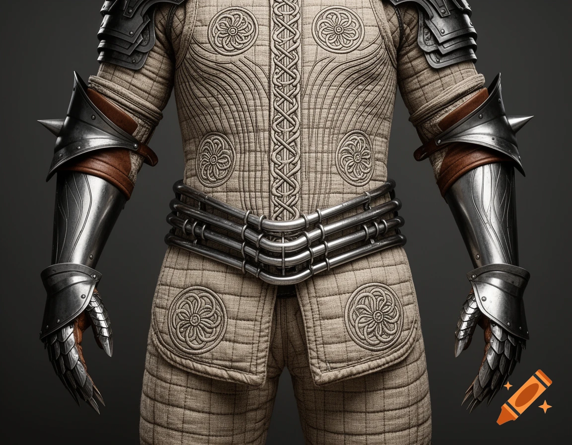 Close-up of intricate fantasy armor with quilted fabric, ornate circular patterns, polished metal plates, spikes, and segmented gauntlets.