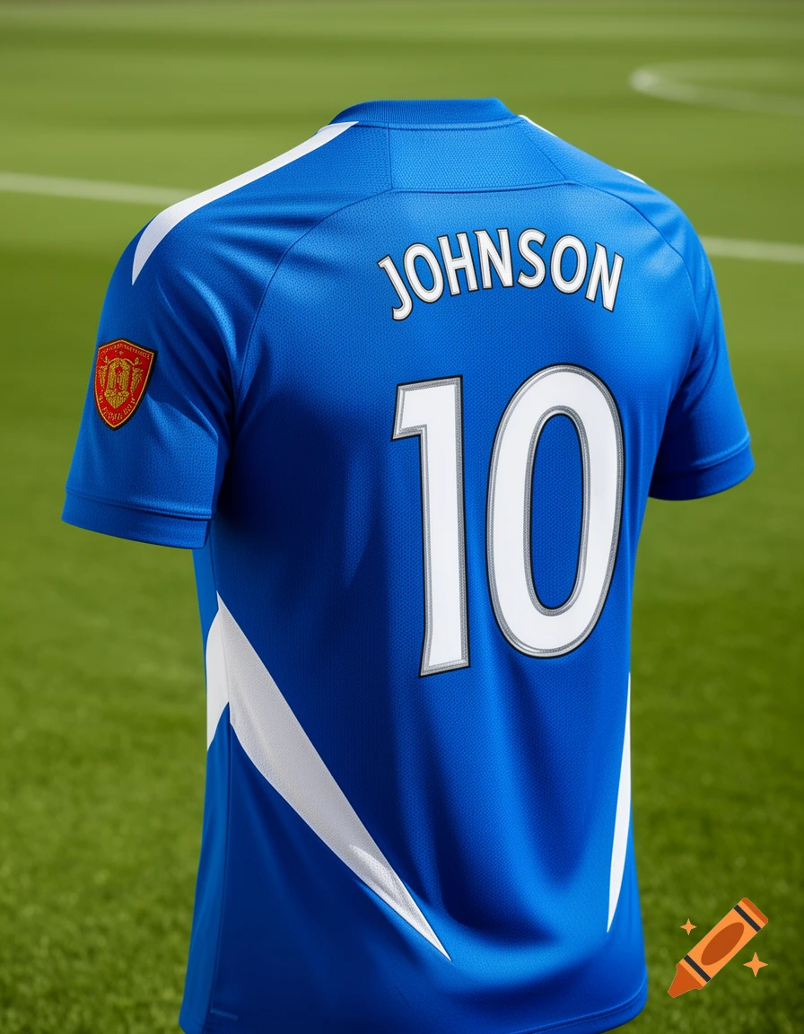 Back of a blue football jersey with white and silver trim, featuring the name "JOHNSON" and number "10" in white, with a red crest on the left sleeve, set against a green stadium background.