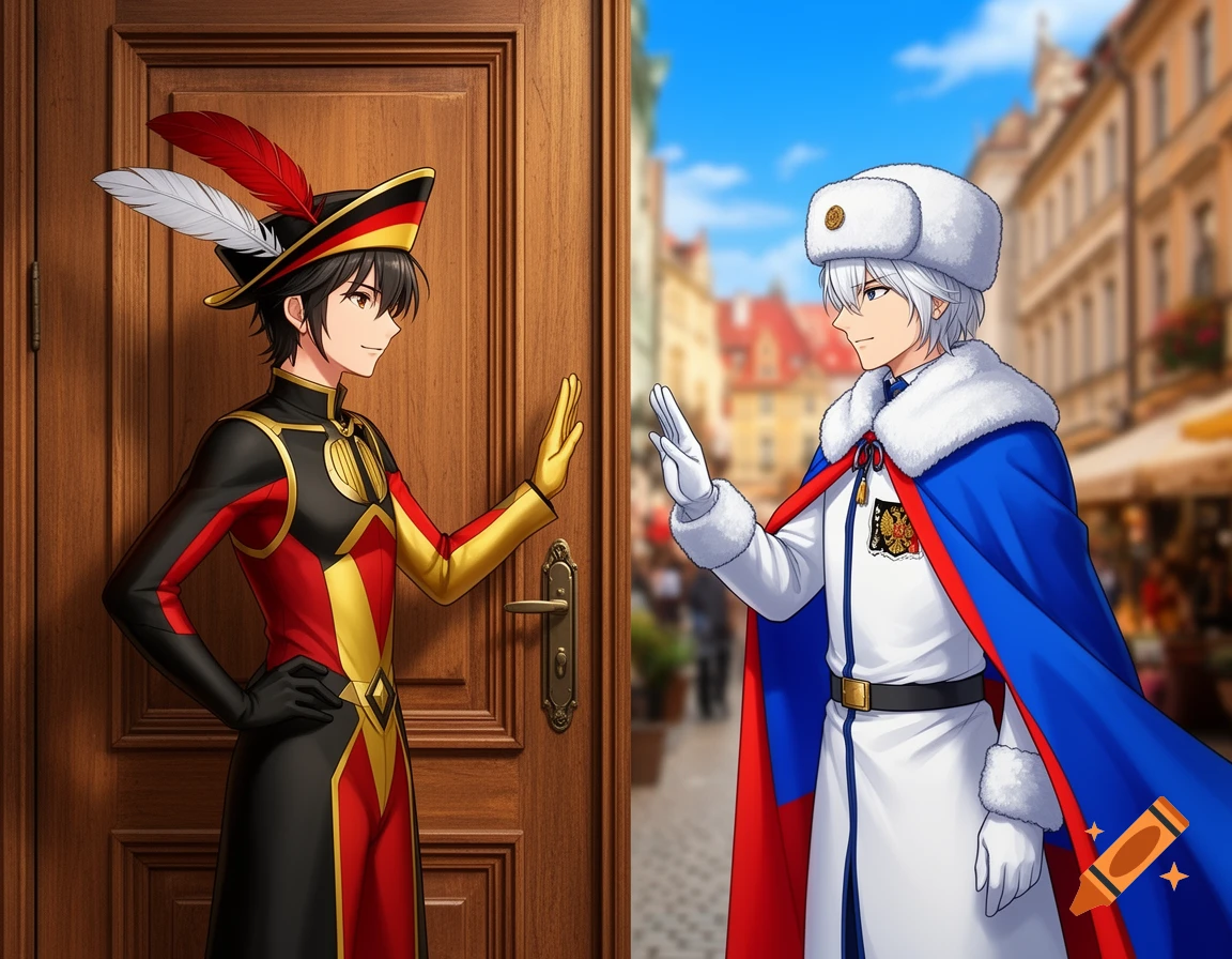 Anime characters representing Germany and Russia, dressed in flag colors, face each other at a wooden door.
