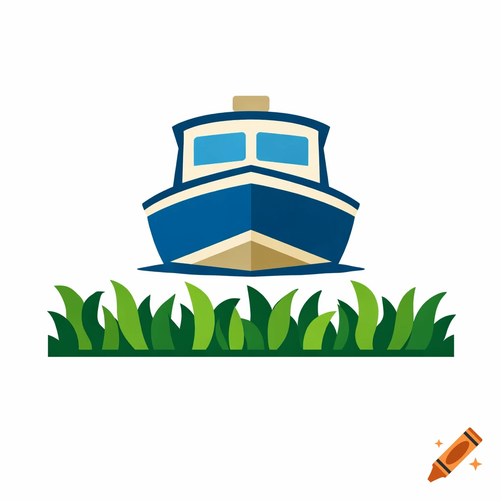 A stylized icon of a blue and tan boat floating above a band of green grass, on a white background.