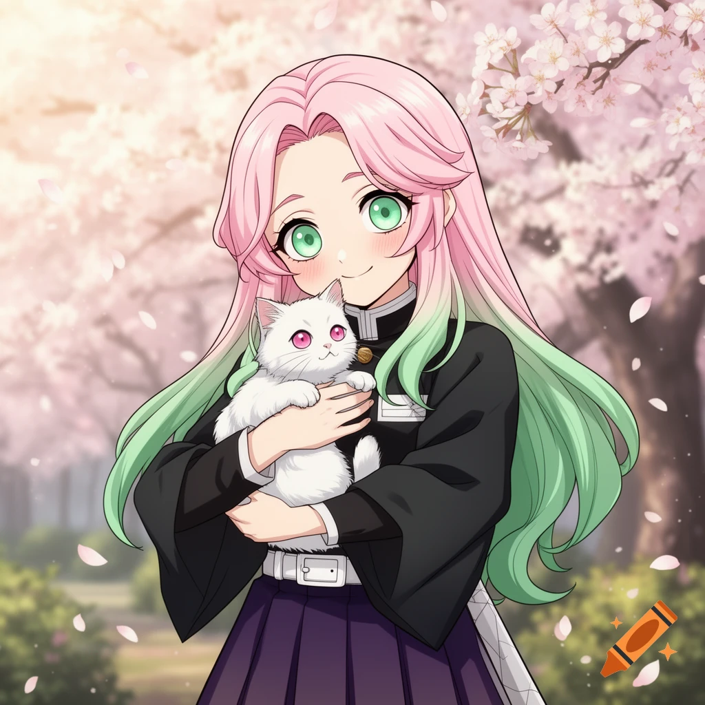 Anime girl with pink and green hair hugging a white cat under cherry blossom trees.
