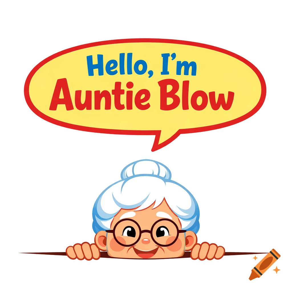 A friendly cartoon grandma with white hair and glasses peeking up, with a speech bubble saying 'Hello, I'm Auntie Blow', flat 2D vector style.