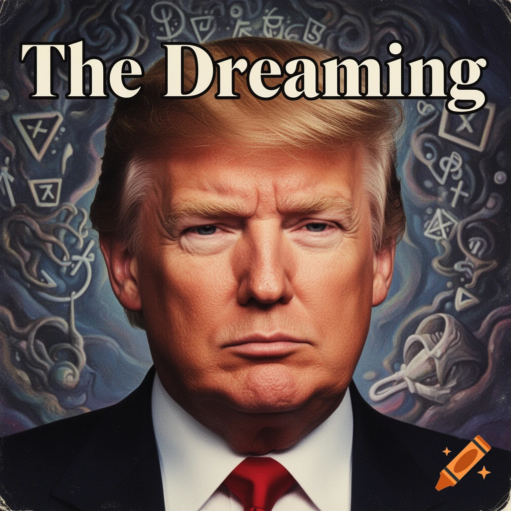 Close-up portrait of Donald Trump in a suit and red tie, with 'The Dreaming' text above his head and swirling mystic symbols in the background.