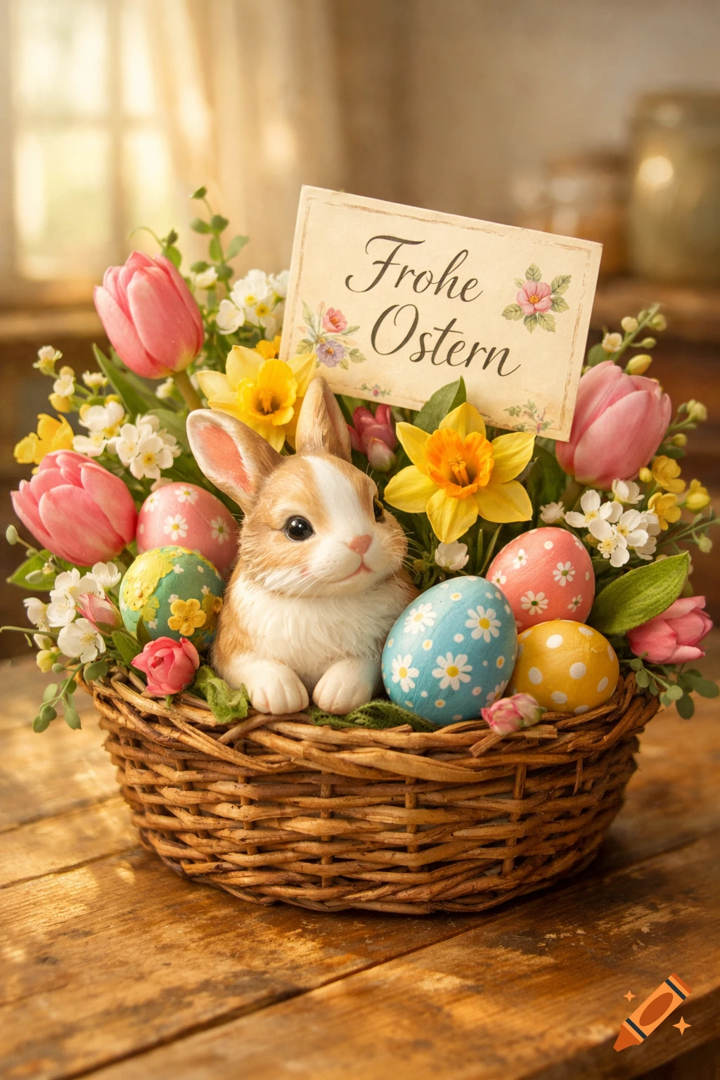 A cute bunny figurine sits in a basket with colorful Easter eggs and spring flowers, holding a 'Frohe Ostern' card.