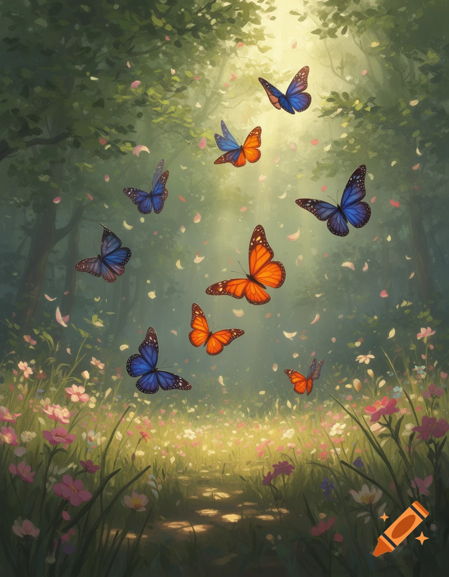 Vibrant orange and blue butterflies flutter through a sunlit forest clearing filled with wildflowers and falling petals, in a painted style.