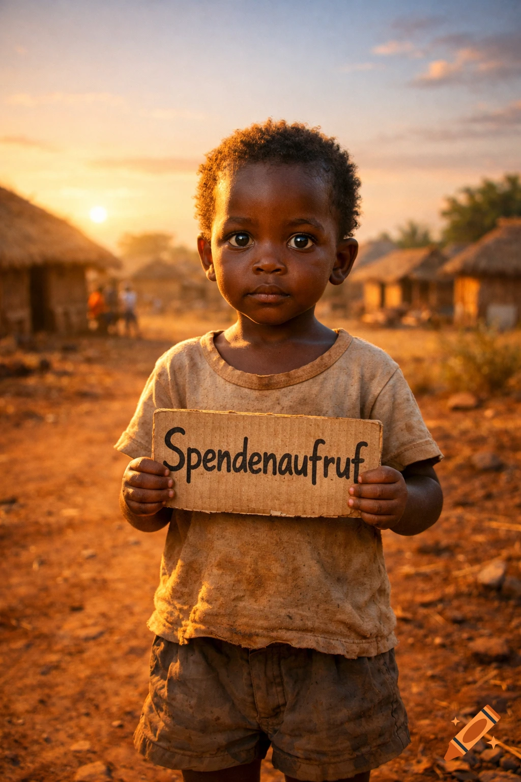 A young child in a dusty African village at sunset holds a sign with 'Spendenaufruf' (Donation Appeal) written on it.