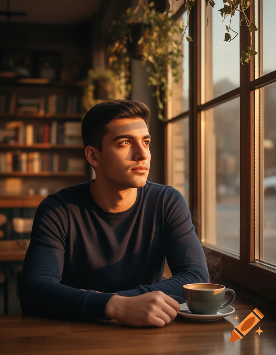 A young man with dark hair in a navy long-sleeved shirt looks out a window in a sunlit cafe, a steaming cup of coffee beside him.
