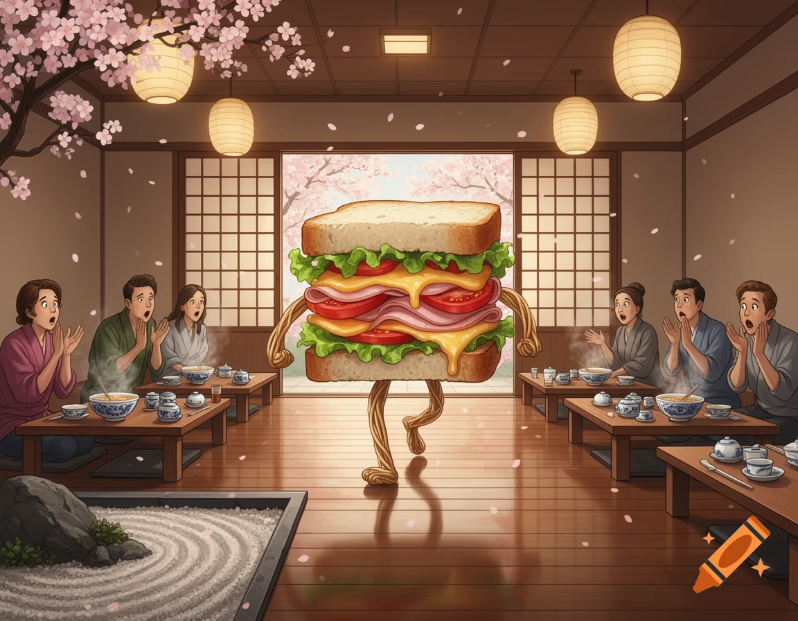 A giant sandwich with noodle-like limbs walks through a Japanese restaurant, surprising diners amidst falling cherry blossoms.