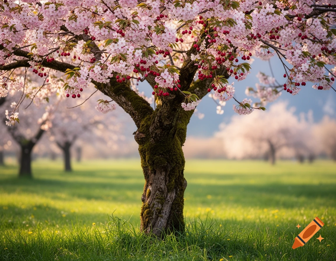 Vibrant cherry blossom tree with pink flowers and red fruits in a sunlit green field.