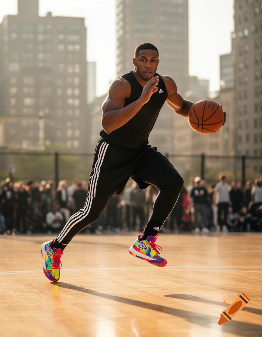 A man in a black Adidas tank top and colorful 'WOW' sneakers dribbles a basketball on an outdoor court with city buildings.