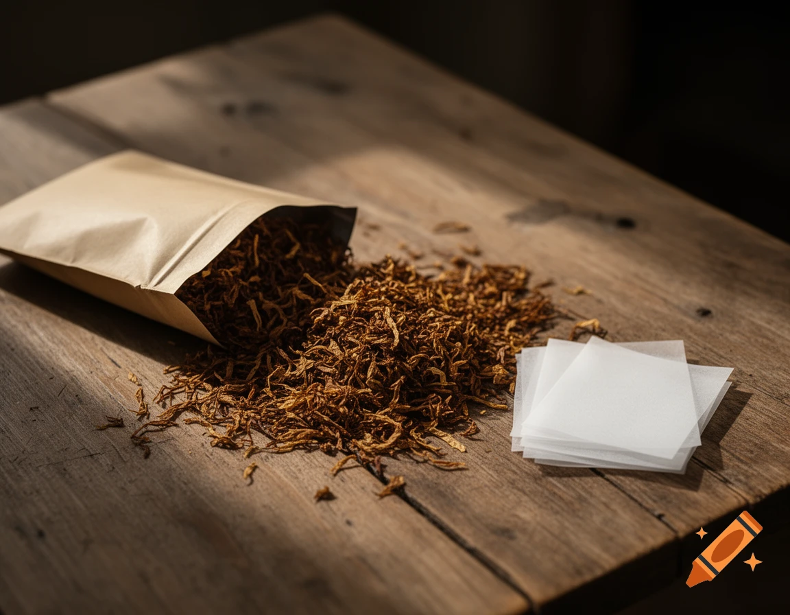Loose rolling tobacco spills from a brown pouch onto a wooden table, next to a stack of white rolling papers.