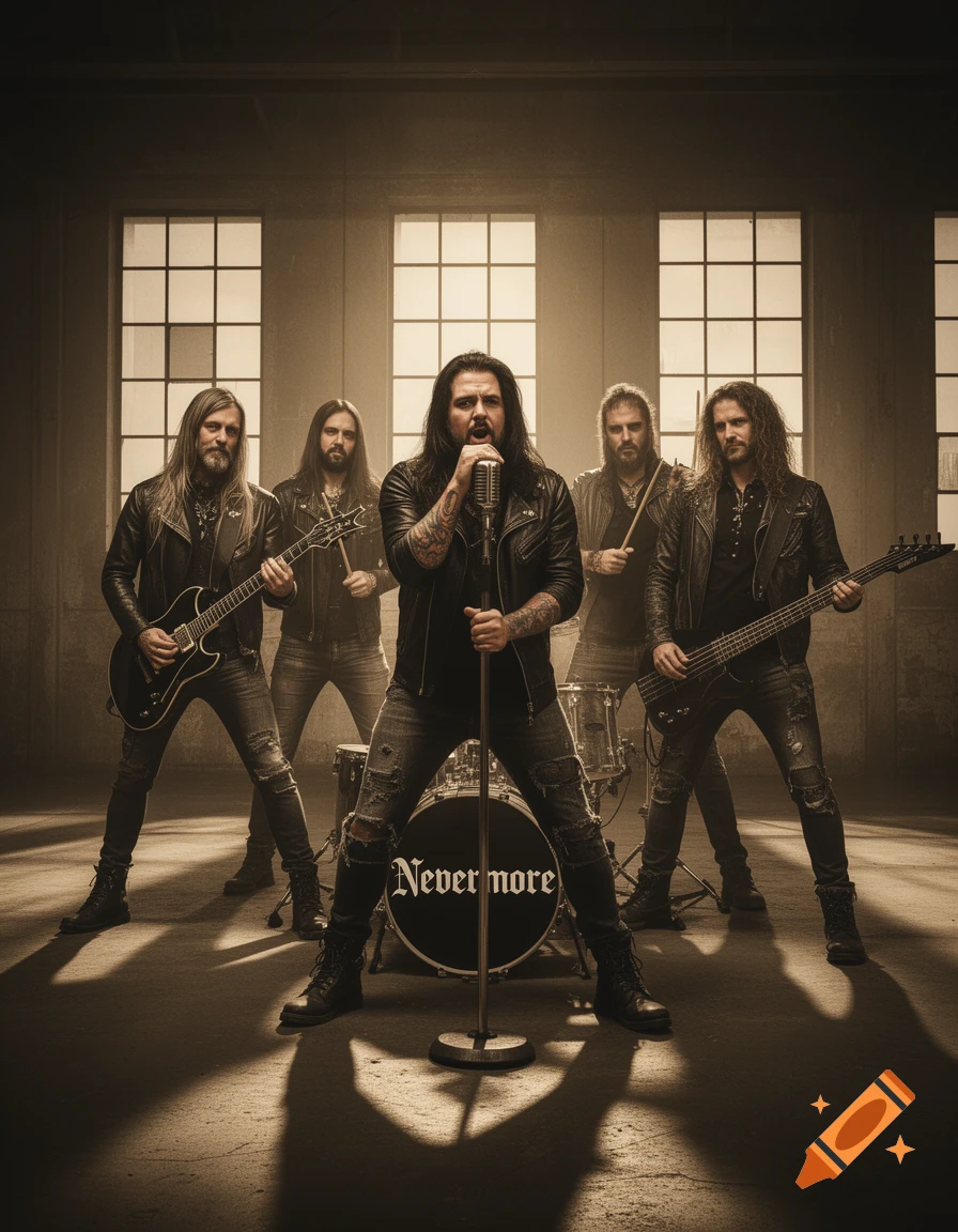A heavy metal band with "Nevermore" on the bass drum poses with instruments in a sepia-toned industrial room.
