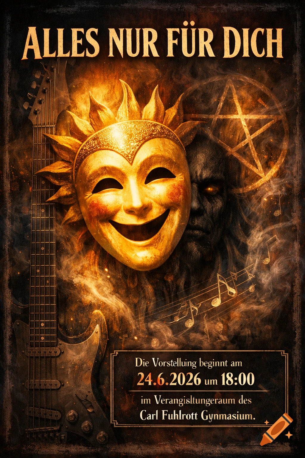 A dark, grunge-style poster for a musical titled 'Alles Nur Für Dich,' featuring a golden smiling mask covering a sinister dark face, a guitar, and musical notes amidst fiery smoke, with a pentagram in the background.