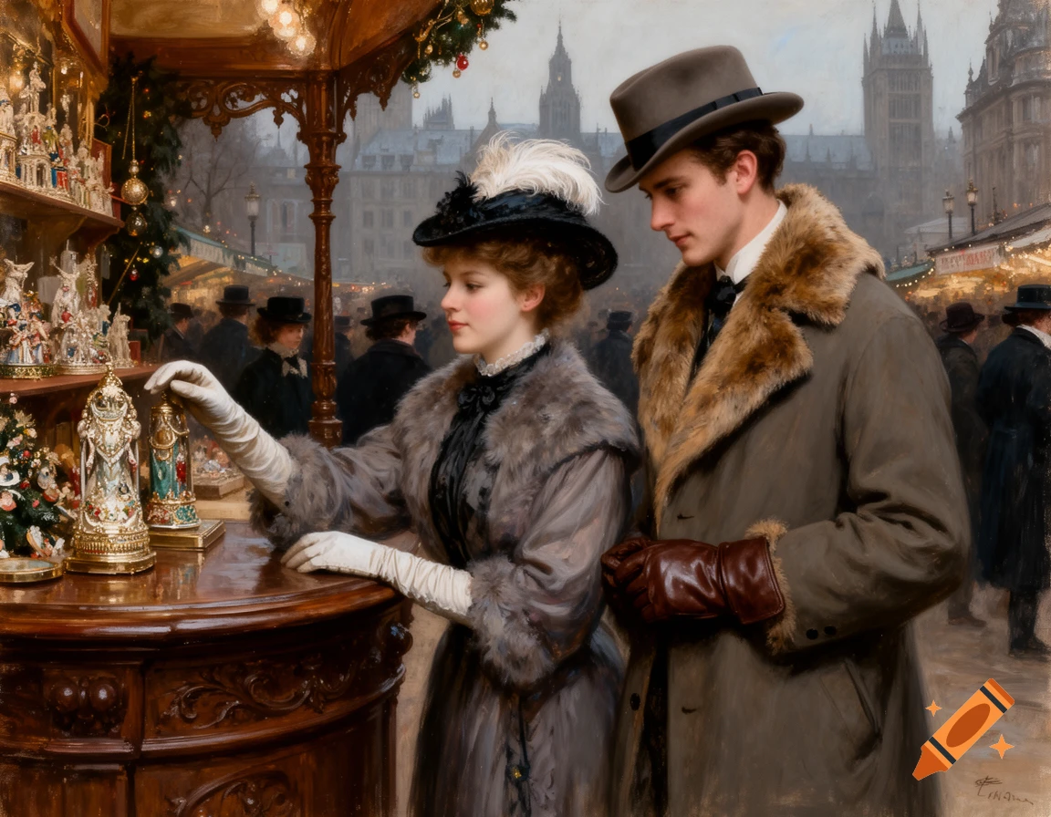 An oil painting of a Victorian couple at a Christmas market stall in London, the woman reaching for an ornate item.