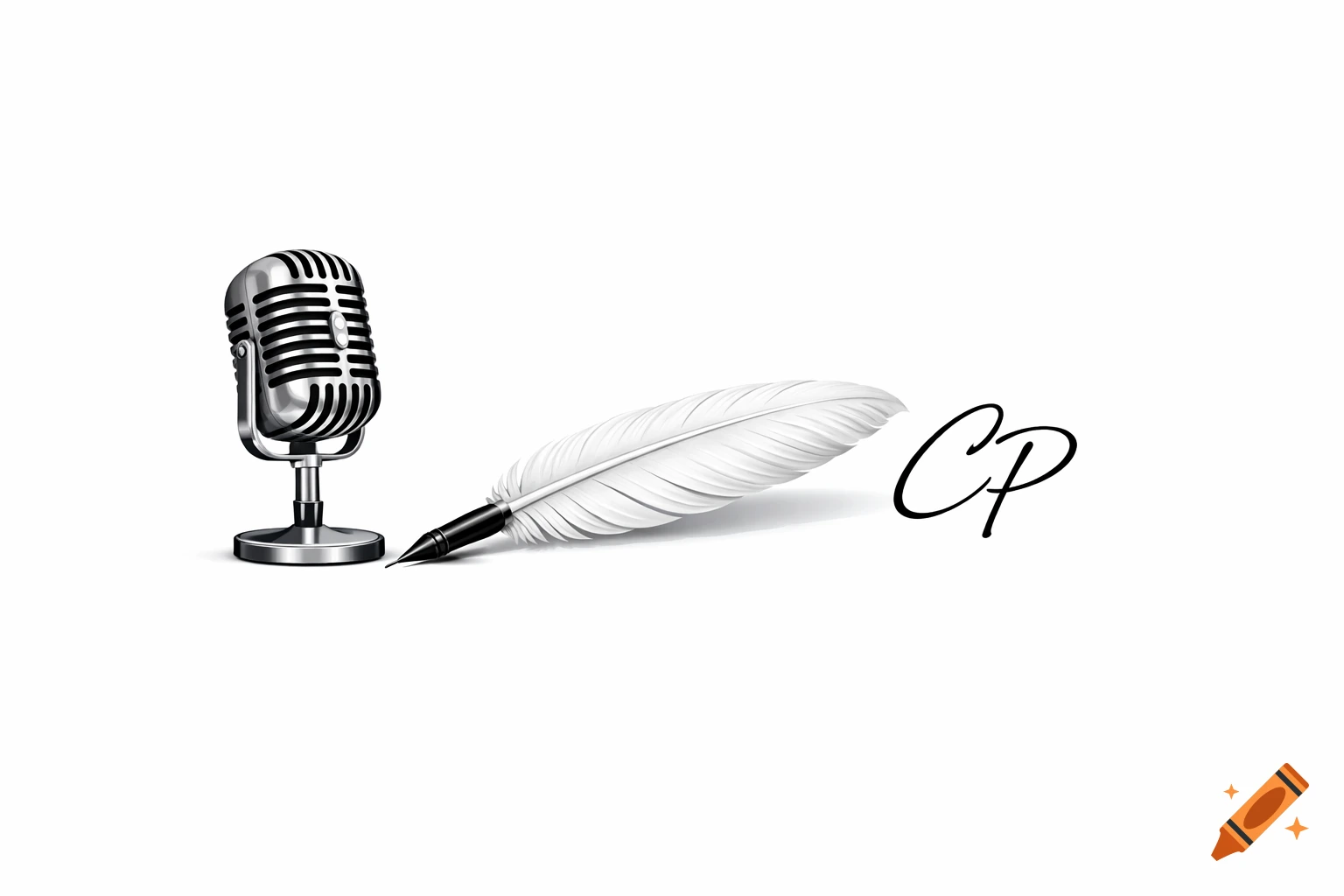 A vintage silver microphone, a white feather quill pen, and black handwritten letters 'CP' on a white background.