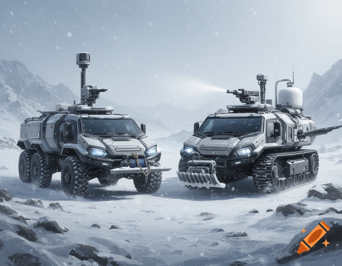 Two futuristic military vehicles, one wheeled, one tracked, equipped with weapons and plows, in a snowy mountain landscape.