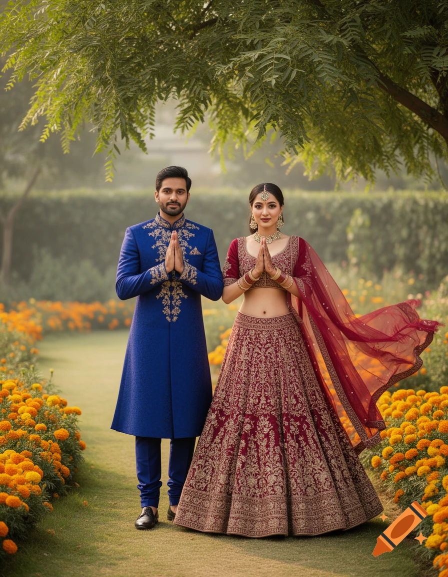 Indian couple in traditional attire, man in blue sherwani, woman in maroon lehenga choli, doing namaste in a garden with orange flowers.