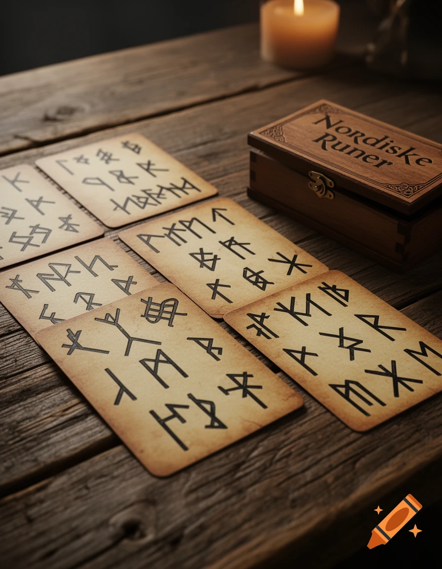 Rune cards and a wooden box labeled 'Nordiske Runer' on a dark wooden table with a lit candle.