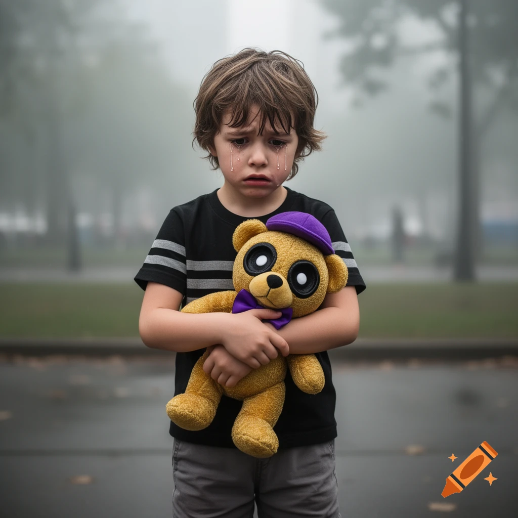 A crying young boy with brown hair holds a golden teddy bear with a purple hat and bowtie, standing outdoors in a foggy street.