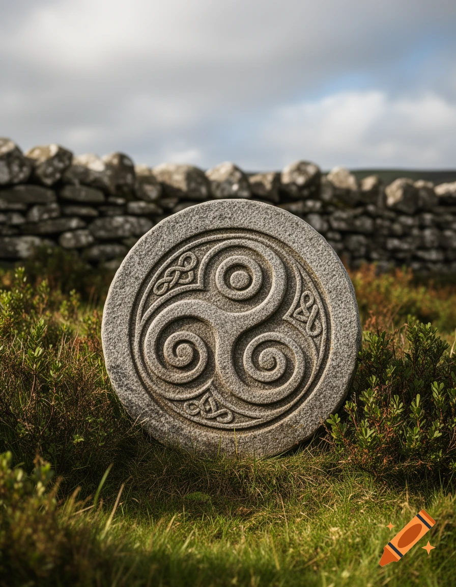 A gray stone disc with an intricate Celtic triskelion symbol stands in a grassy field with a stone wall in the background.