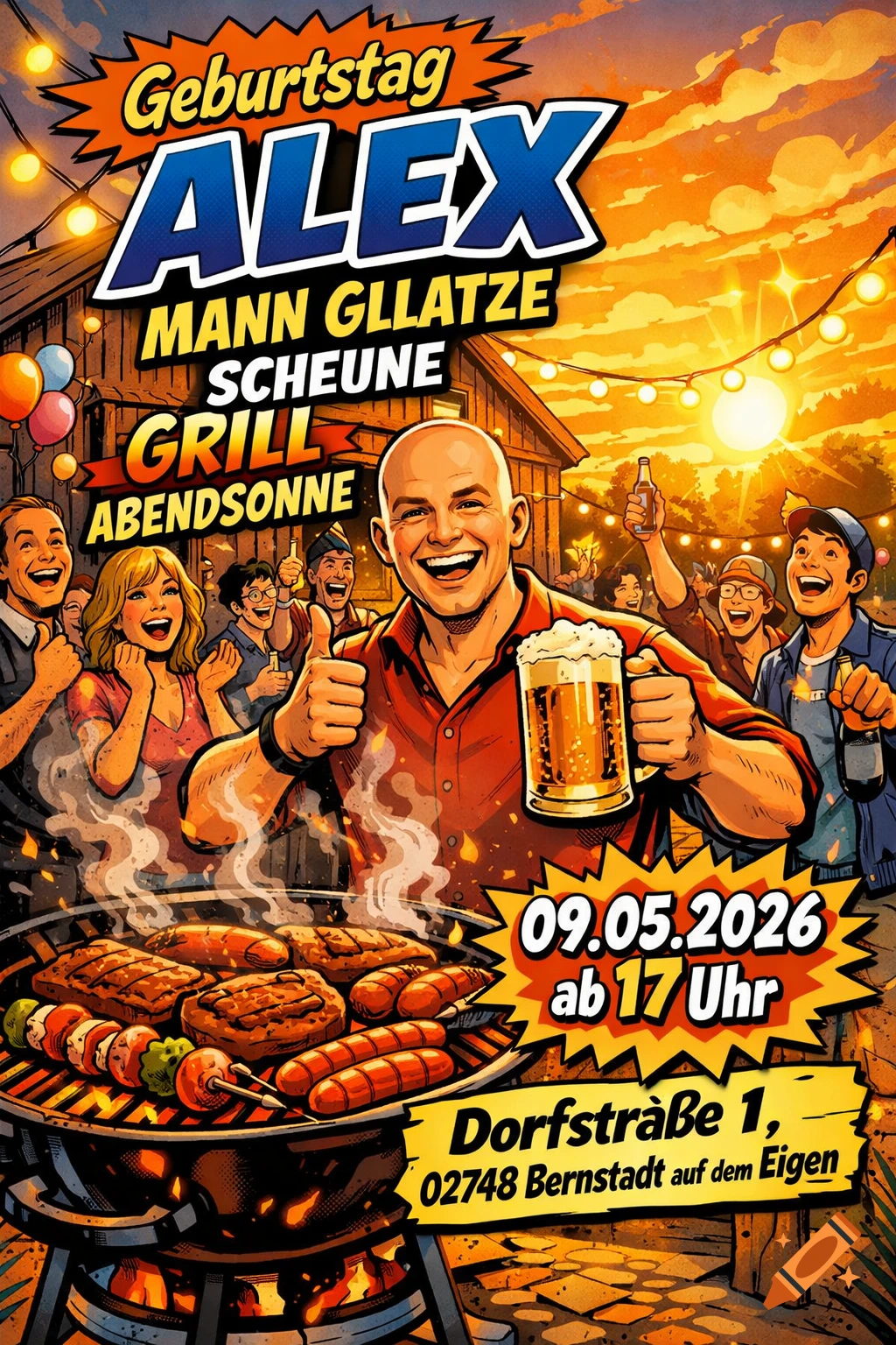 Comic illustration of a lively birthday barbecue party with a bald man holding a beer, people smiling, and event details.
