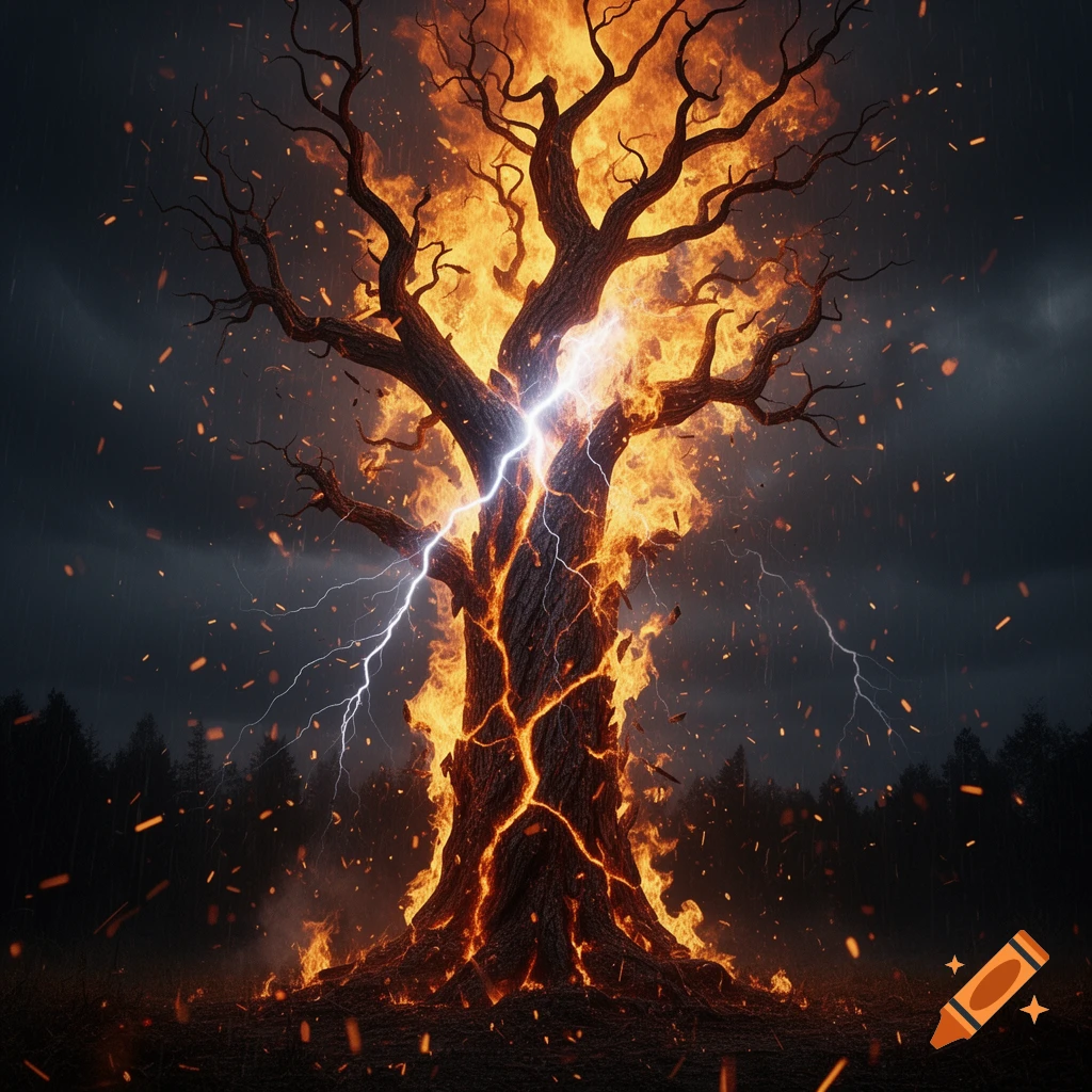 A bare tree engulfed in flames, struck by bright lightning, under a dark, stormy sky with falling embers.