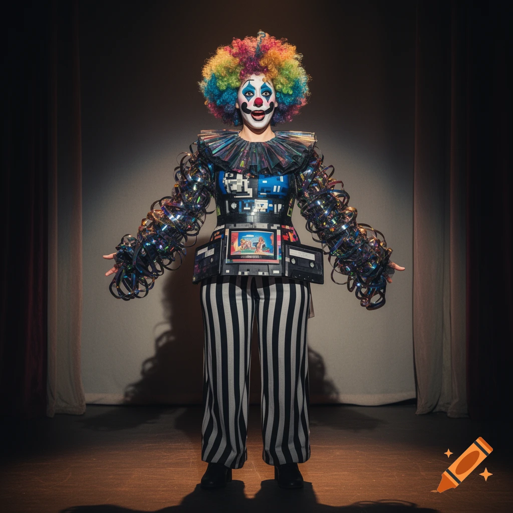 A clown woman with rainbow hair, white face paint, and a costume made of VHS tapes and film reels, standing on a stage.