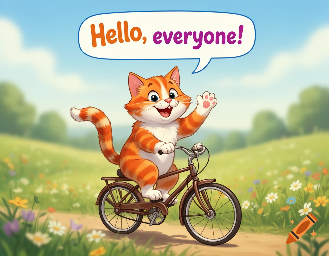 A cheerful orange and white cartoon cat waves from a bicycle on a grassy path, with a speech bubble saying 'Hello, everyone!'