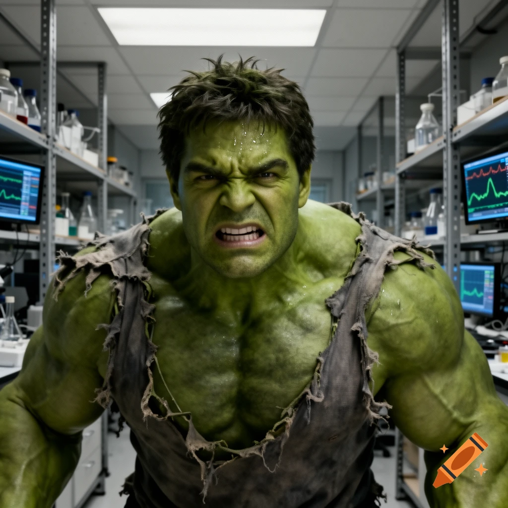 Hulk In Lab Photorealistic image of an angry green Hulk with torn clothes, flexing ...