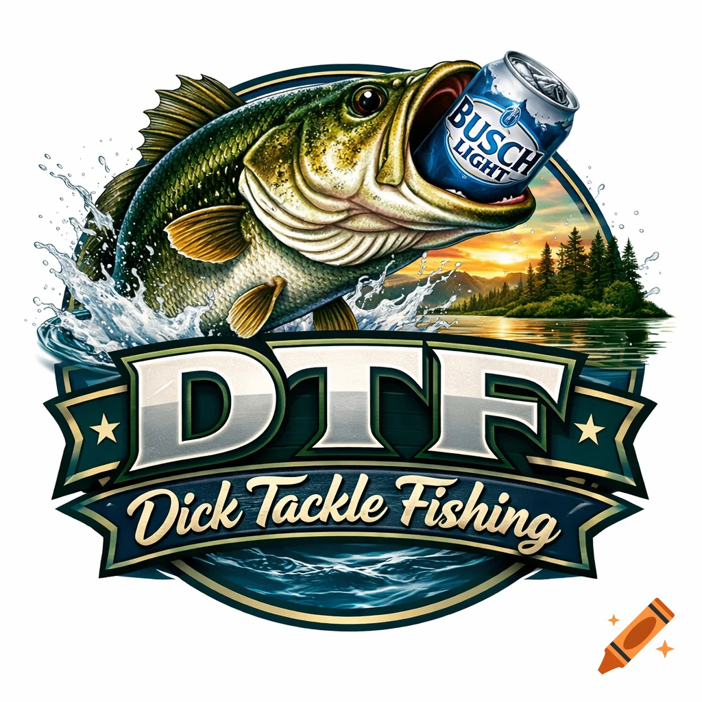A brand logo featuring a largemouth bass jumping out of water with a Busch Light beer can in its mouth. Text reads "DTF Dick Tackle Fishing".