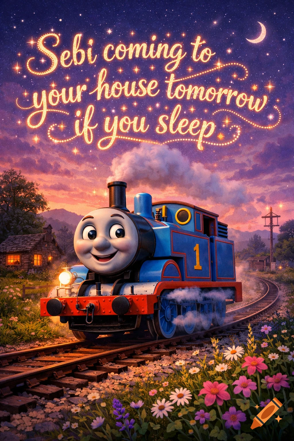 Thomas the Tank Engine smiles on a train track at sunset, with 'Sebi coming to your house tomorrow if you sleep' glowing in the starry sky.