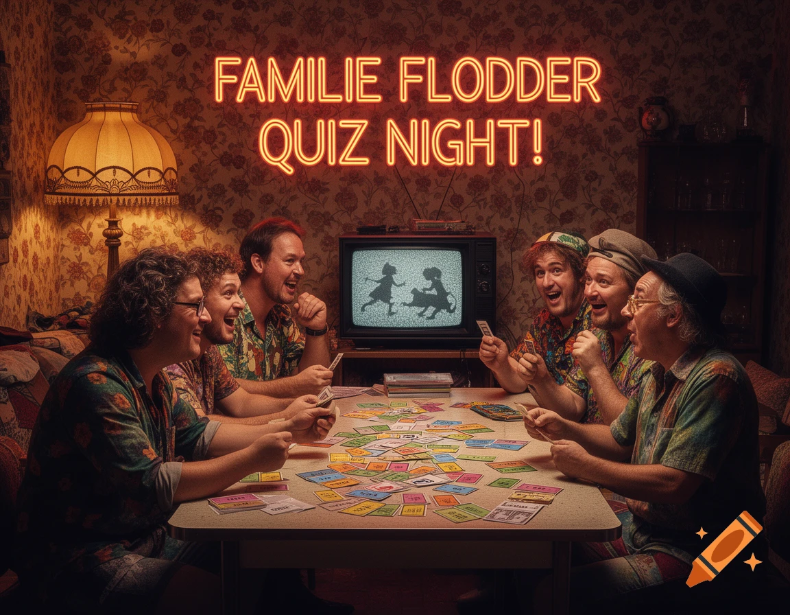 Six men laugh while playing a board game under a neon sign that reads 'FAMILIE FLODDER QUIZ NIGHT!', with a vintage TV showing silhouettes.