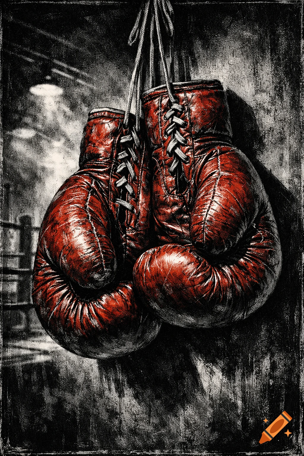 Worn red boxing gloves hanging against a gritty dark background, in a dramatic noir comic illustration style.