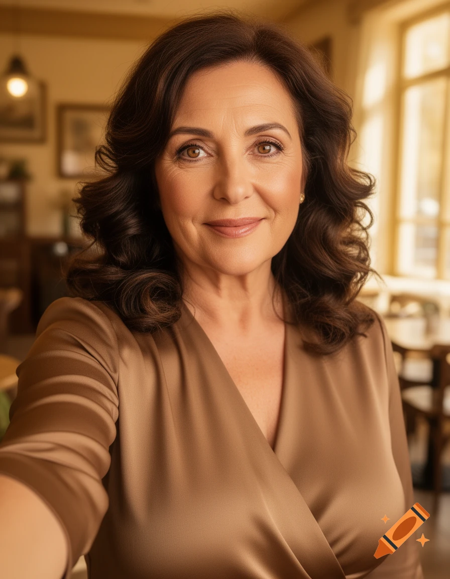 A smiling middle-aged woman with dark wavy hair and brown eyes takes a selfie in a warm-toned cafe.
