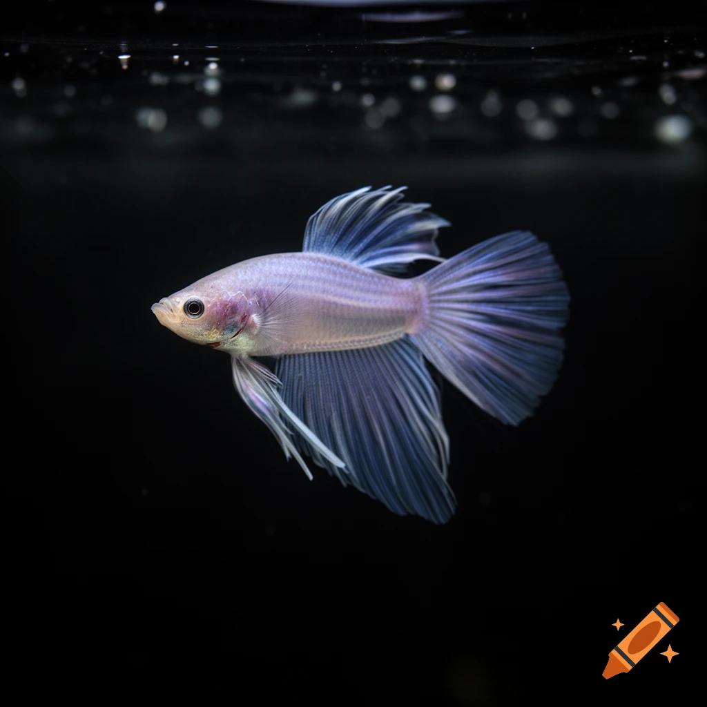 A photorealistic translucent ghost betta fish with flowing fins swims against a dark background.
