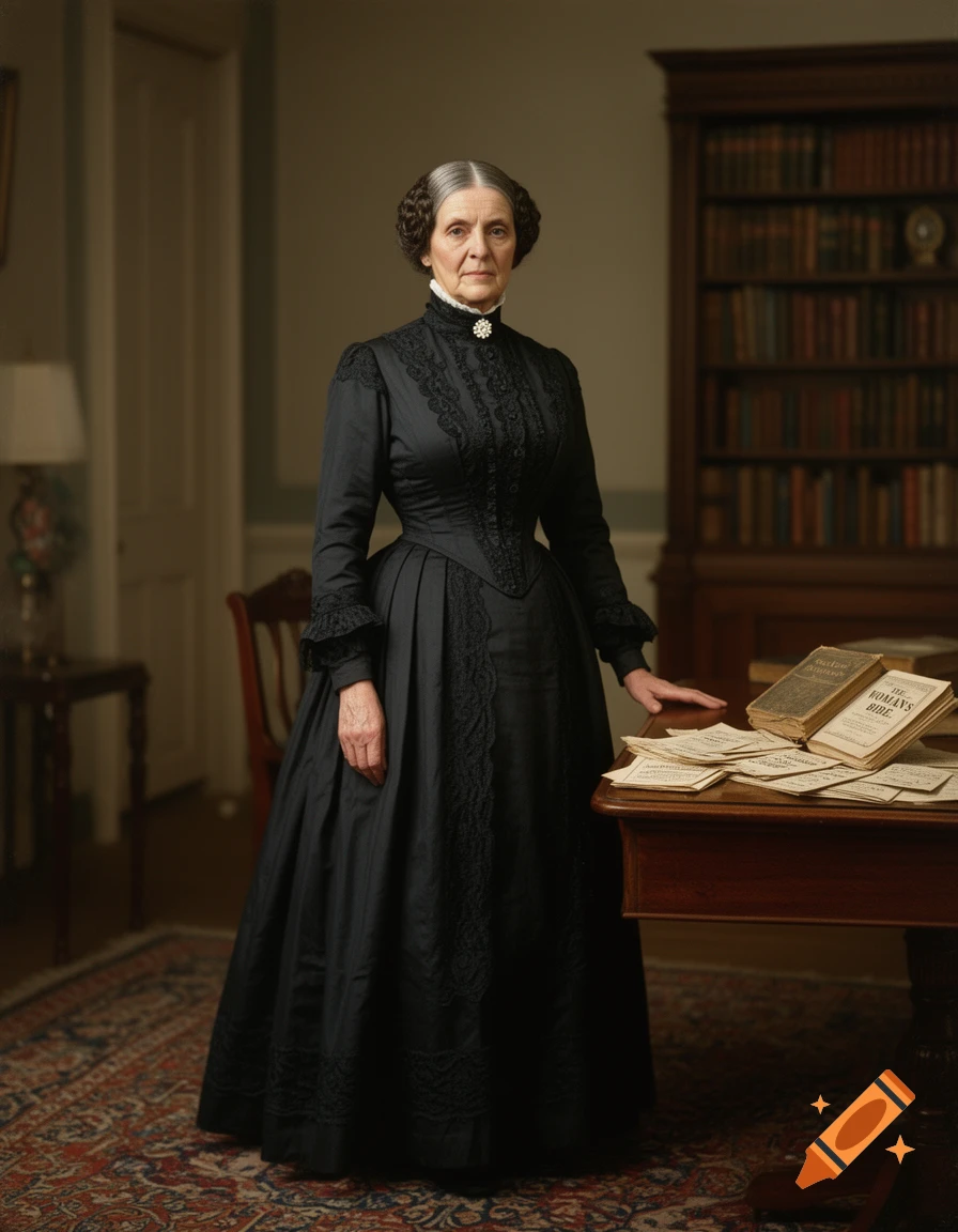 Photorealistic portrait of an older woman with grey hair in a black Victorian dress, standing by a wooden desk in a formal room with a bookshelf.