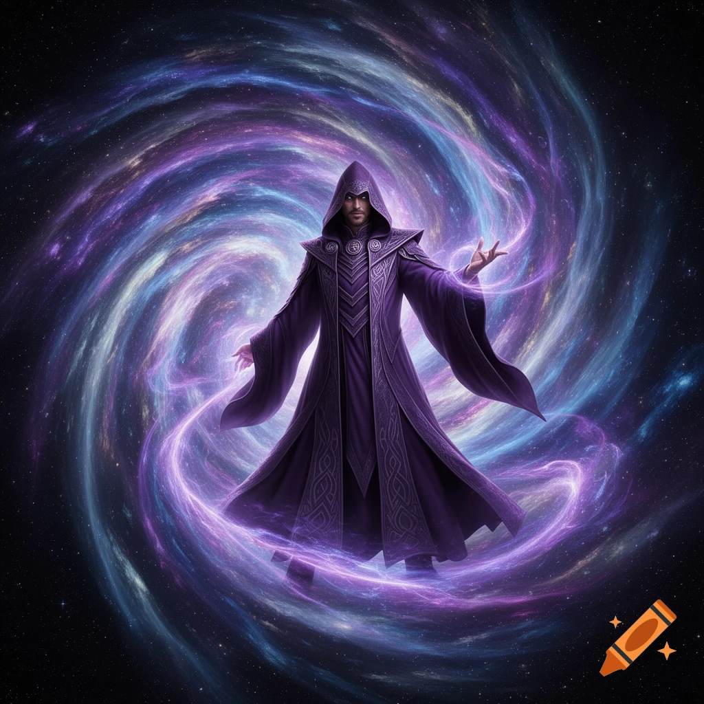 A dark sorcerer in purple robes with glowing hands stands in a swirling ...