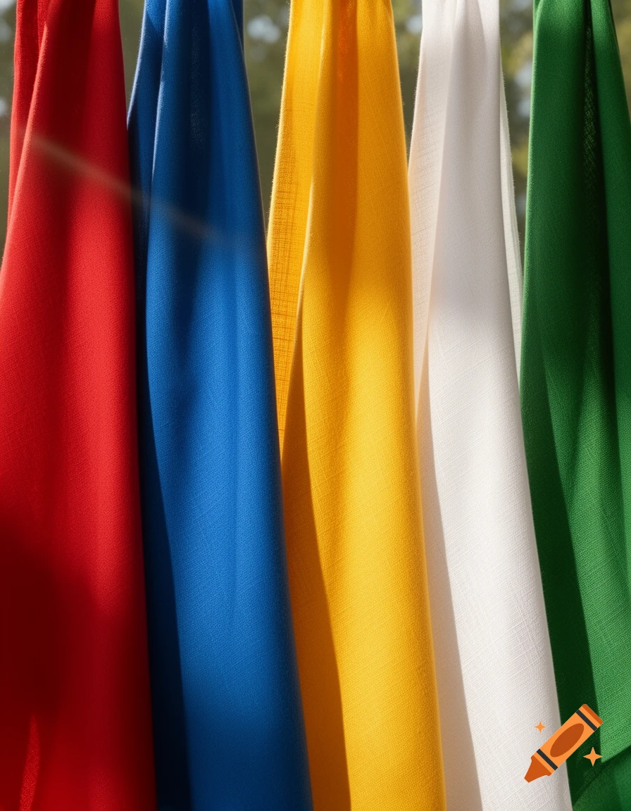 Five draped fabrics in vibrant red, blue, yellow, white, and green hang vertically, illuminated by sunlight.