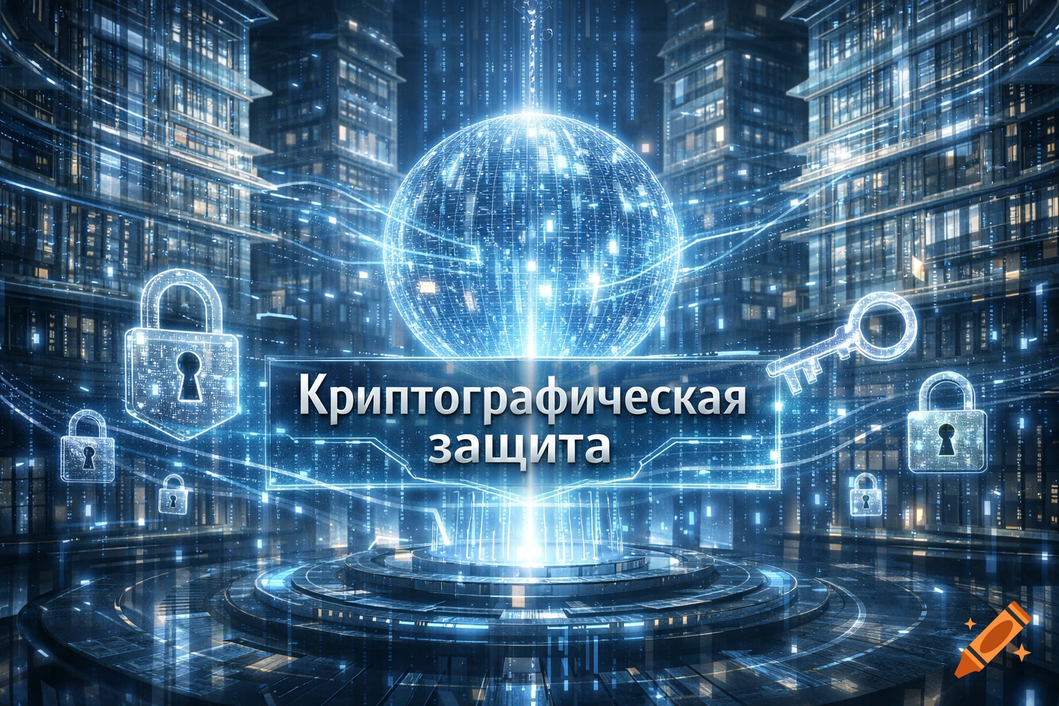 A futuristic digital city with a glowing network globe, locks, a key, and Russian text "Cryptographic protection" in a glowing frame.