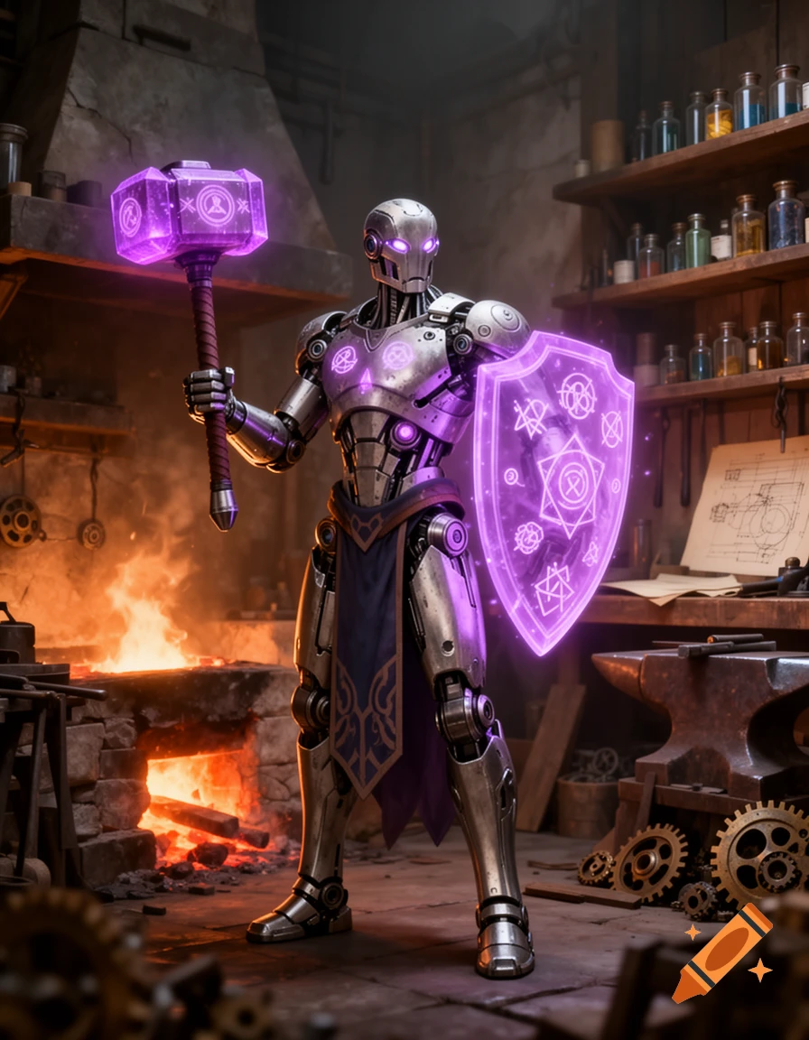 A metallic robot with glowing purple eyes stands in a workshop, holding a glowing purple warhammer and a matching shield.