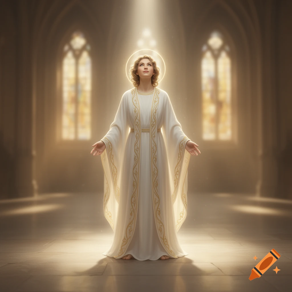 A holy figure in a white and gold robe with a halo stands with outstretched arms, bathed in light inside a grand church.