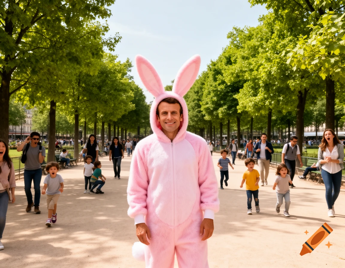 Emmanuel Macron in a pink bunny suit smiles in a sunny park with people and children walking by.