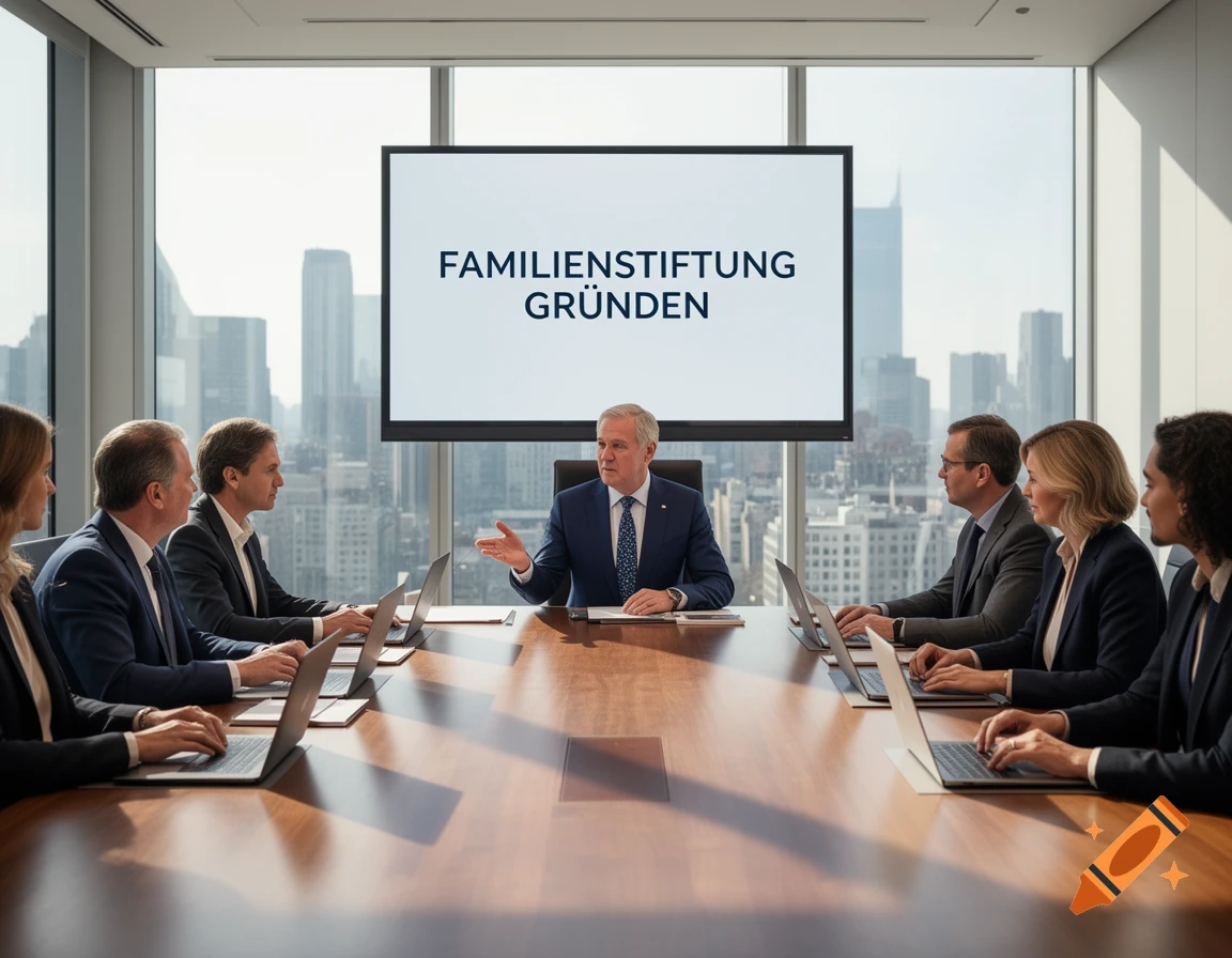 A photorealistic image of a business meeting in a modern boardroom overlooking a city, with "FAMILIENSTIFTUNG GRÜNDEN" on a screen.