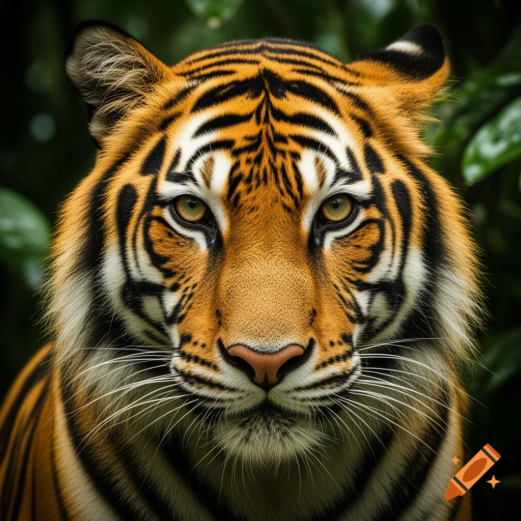 Photorealistic close-up of a tiger's head with striking orange and black striped fur, green eyes, and prominent whiskers.