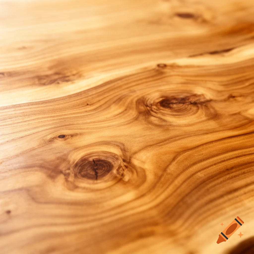 A close-up view of natural wood grain with warm, golden-brown tones, prominent knots, and flowing patterns.