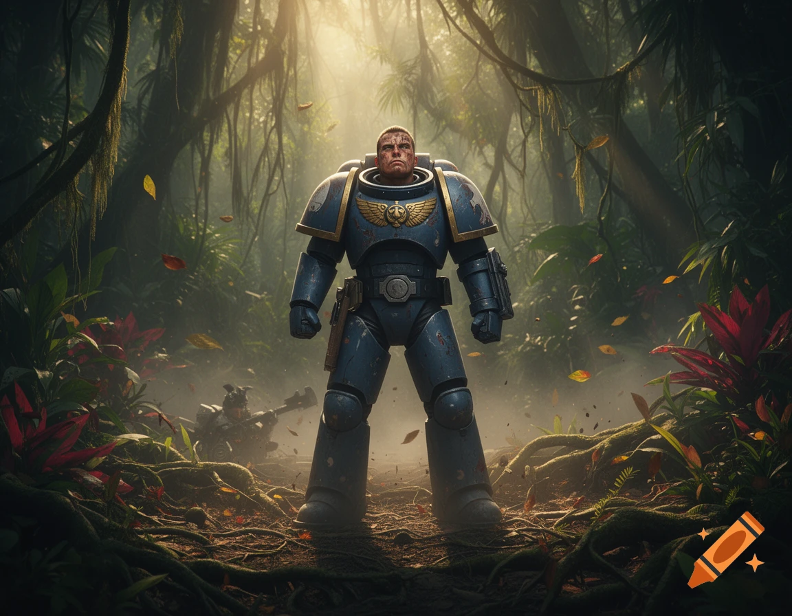 A heavily armored Space Marine stands heroically in a sun-drenched, misty jungle after a battle, a fallen figure in the background.