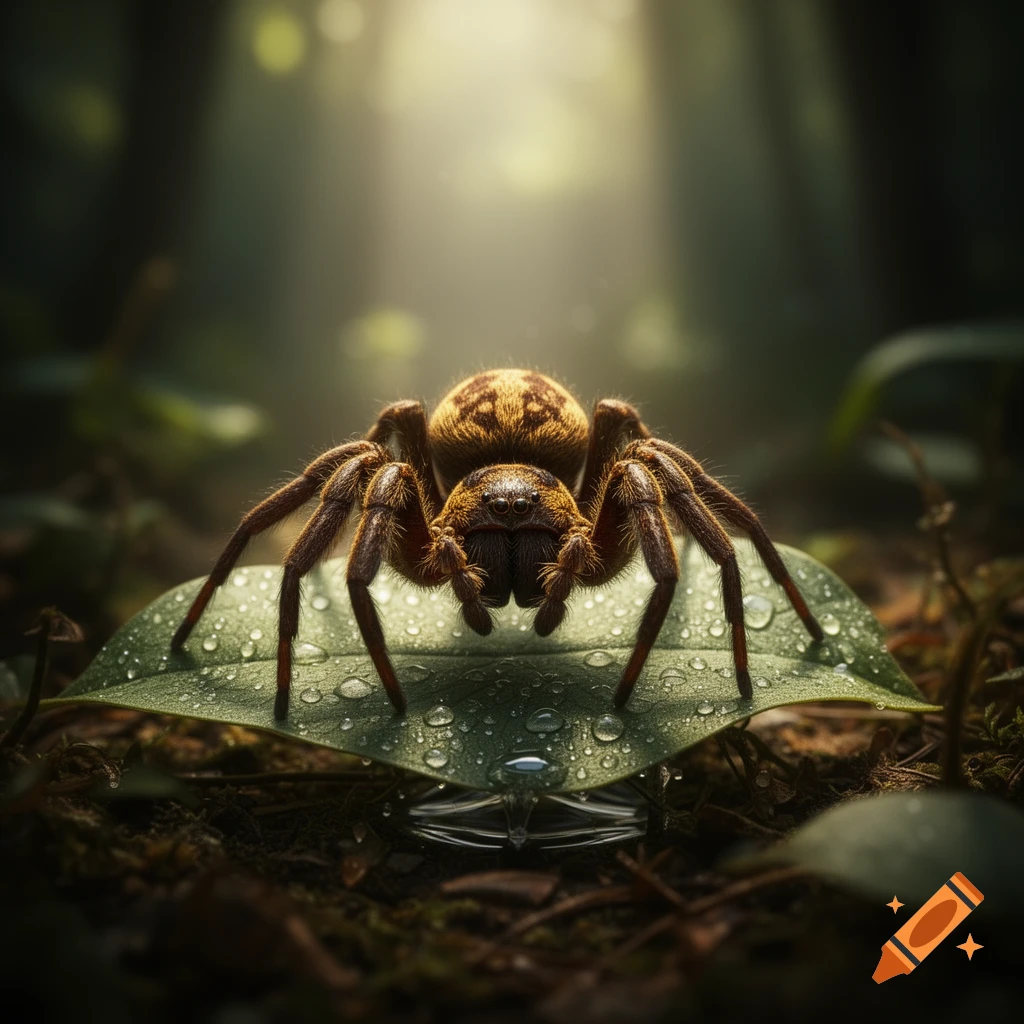 A photorealistic close-up of a hairy brown spider with patterned body on a green leaf covered in dewdrops, in a forest setting.
