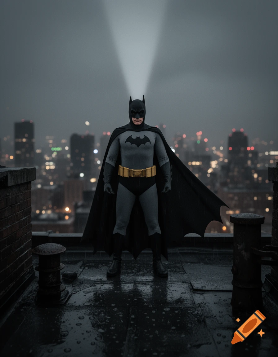 Batman in a grey suit and black cape stands on a wet rooftop at night, with a spotlight beam behind him and a city skyline in the background.