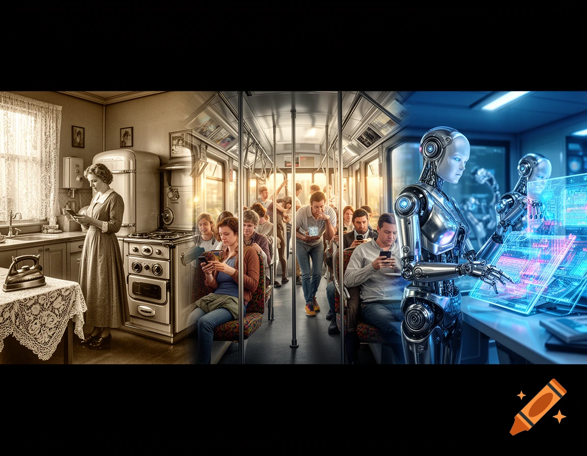 A split image showing the evolution of technology: a woman in a vintage kitchen, people on a modern subway using phones, and robots with holograms.